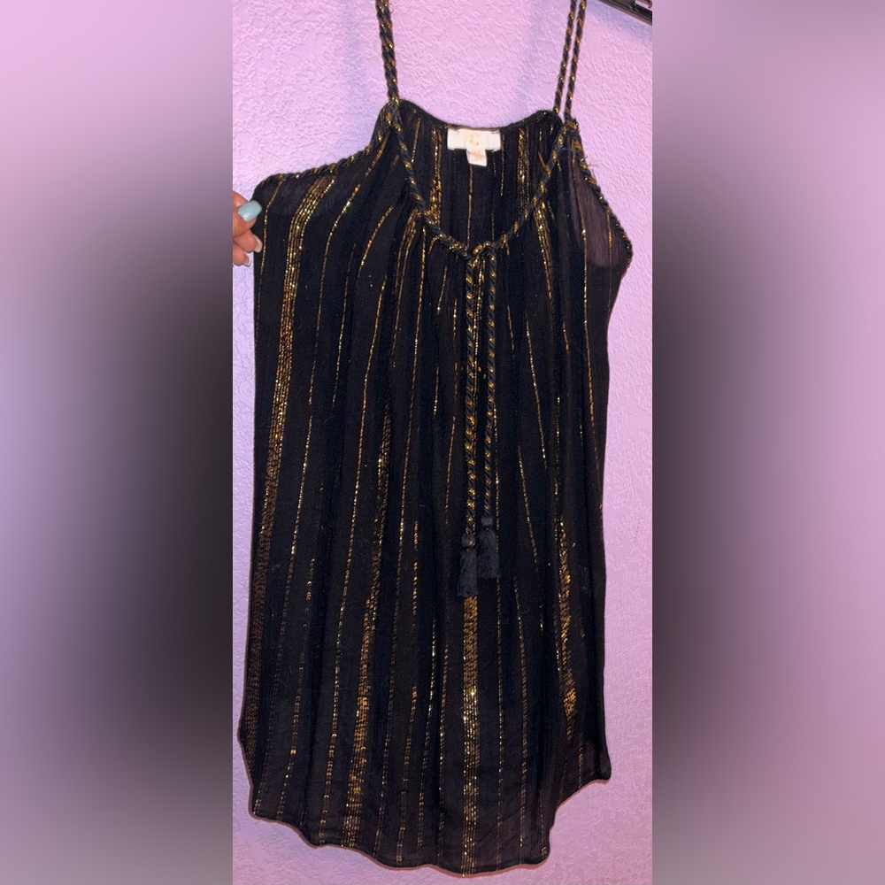 Black and Gold Flowy Sleeveless Top with Ties M